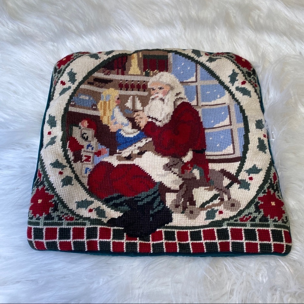 Vintage 1994 Woolen Needlepoint Santa Pillowcase Cover Velvet Back 14" x 14" NWT